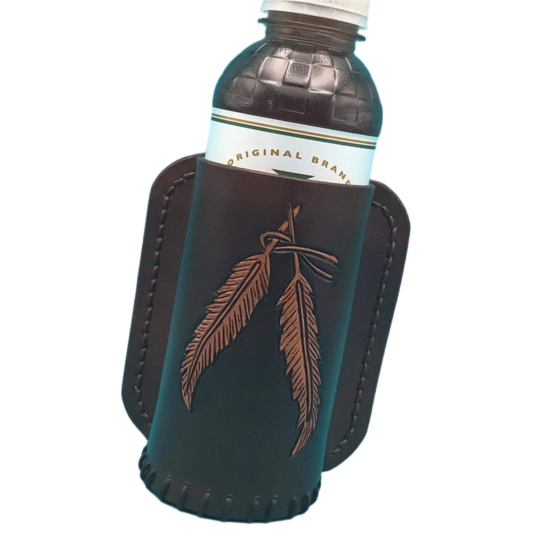 A dark brown leather saddle billet strap bottle holder with hand tooled feathers. 