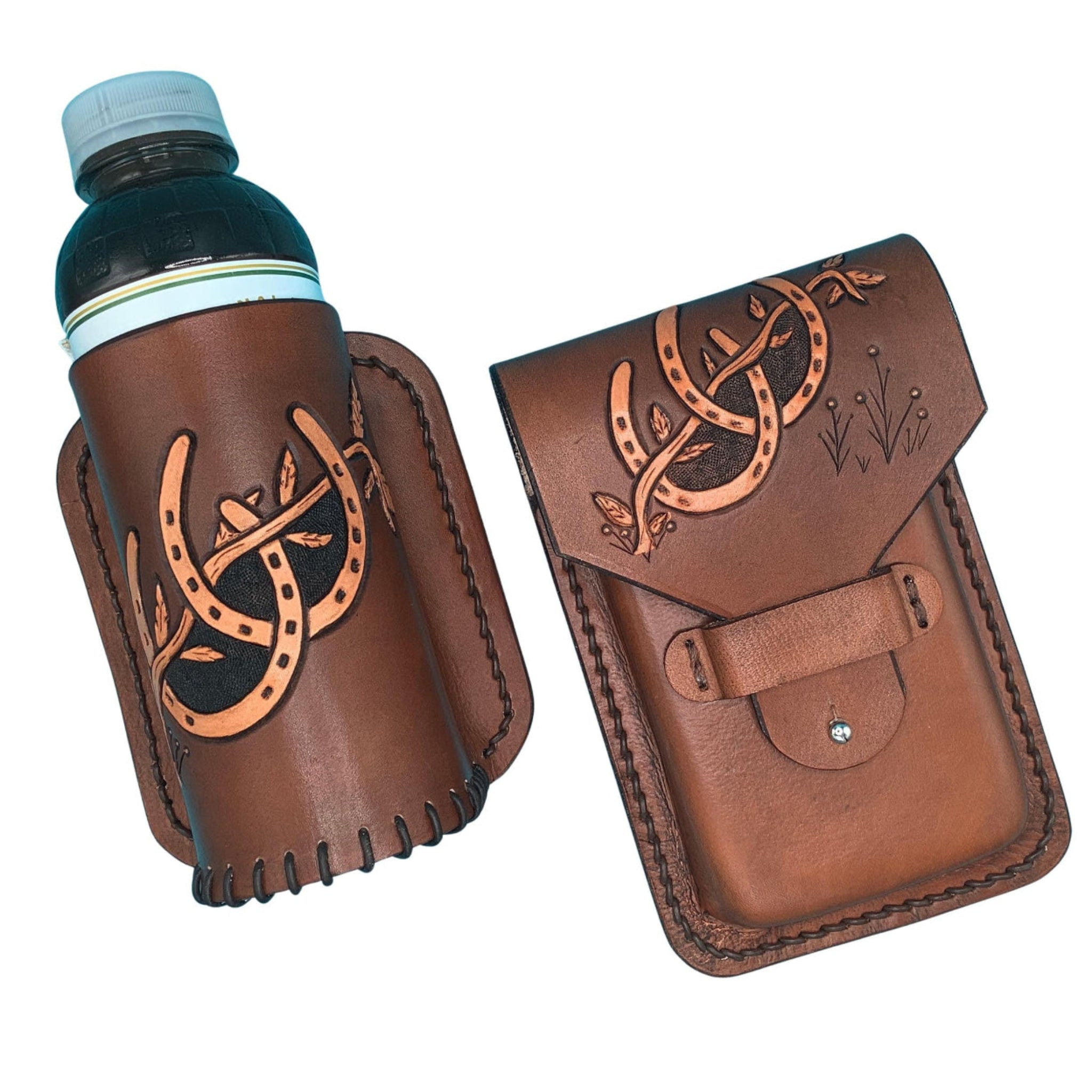 A medium brown phone holder and drink holder for saddle billet with hand tooled horseshoes.