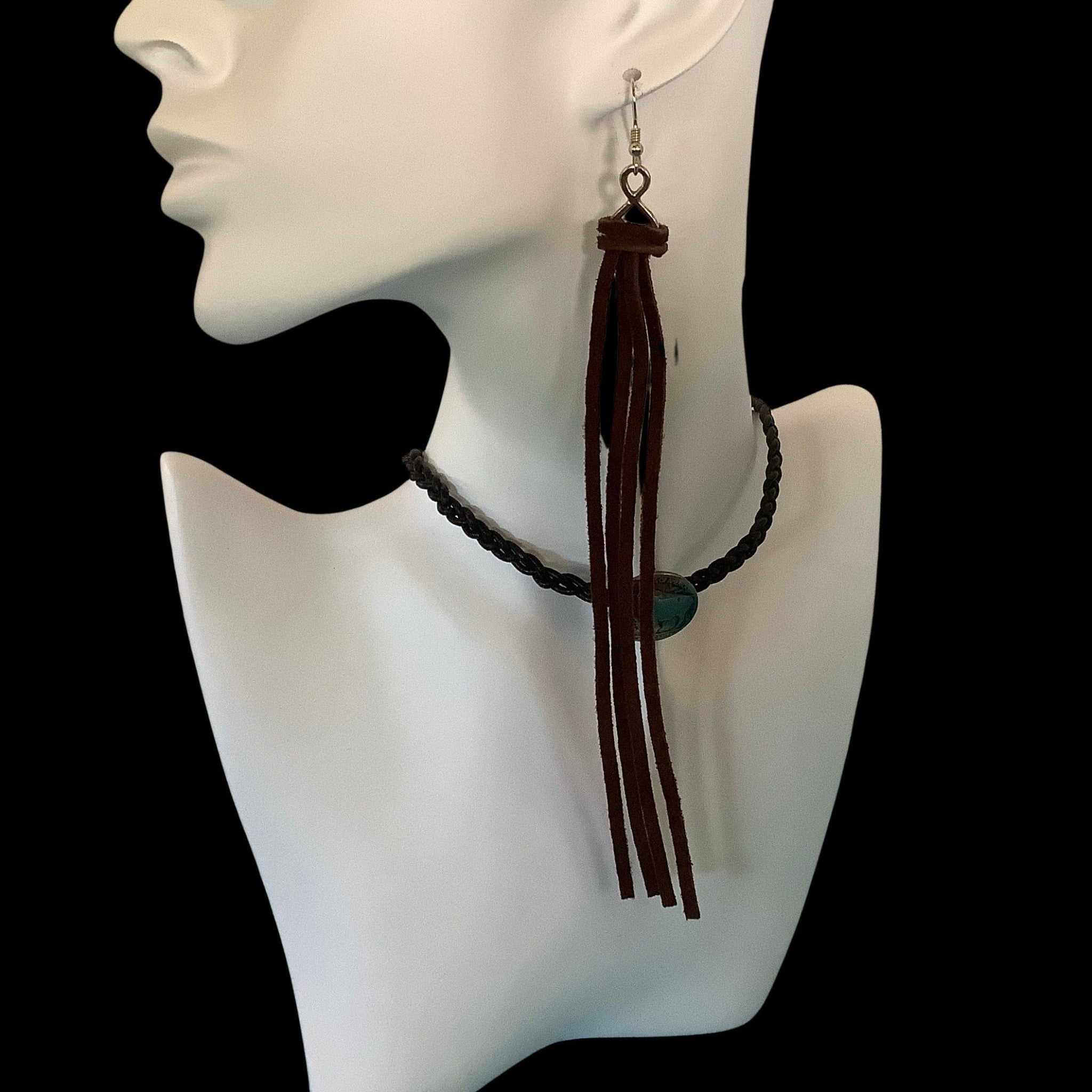Long leather fringe lace earrings on sterling silver ear wires.
