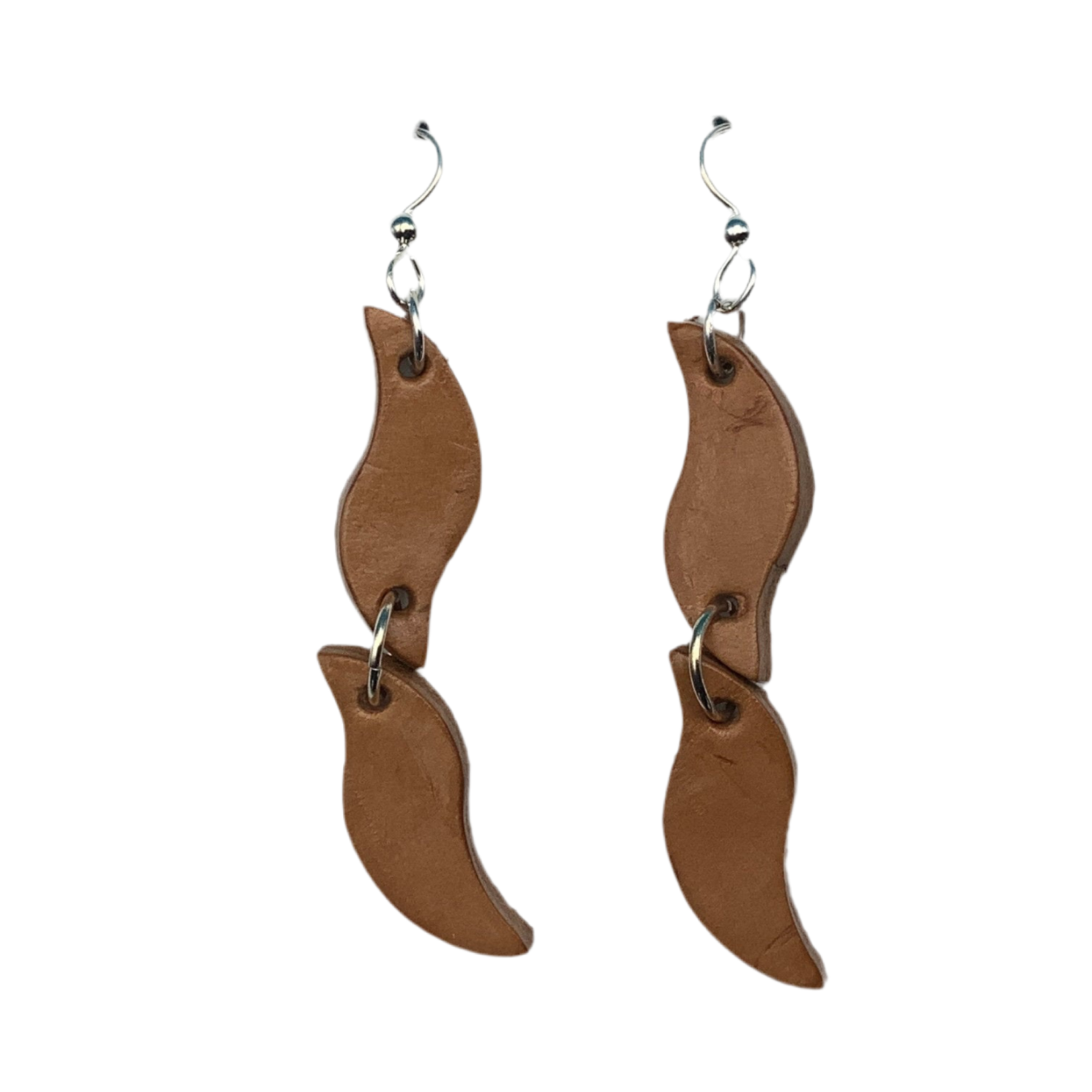 A pair of long leather earrings on sterling silver ear wires. 