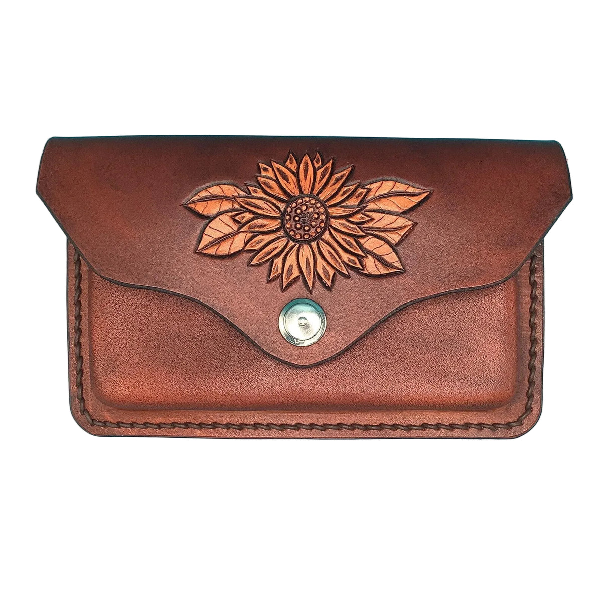 Pommel Bag for Western Saddle - Hand Tooled Sunflower - Mahogany