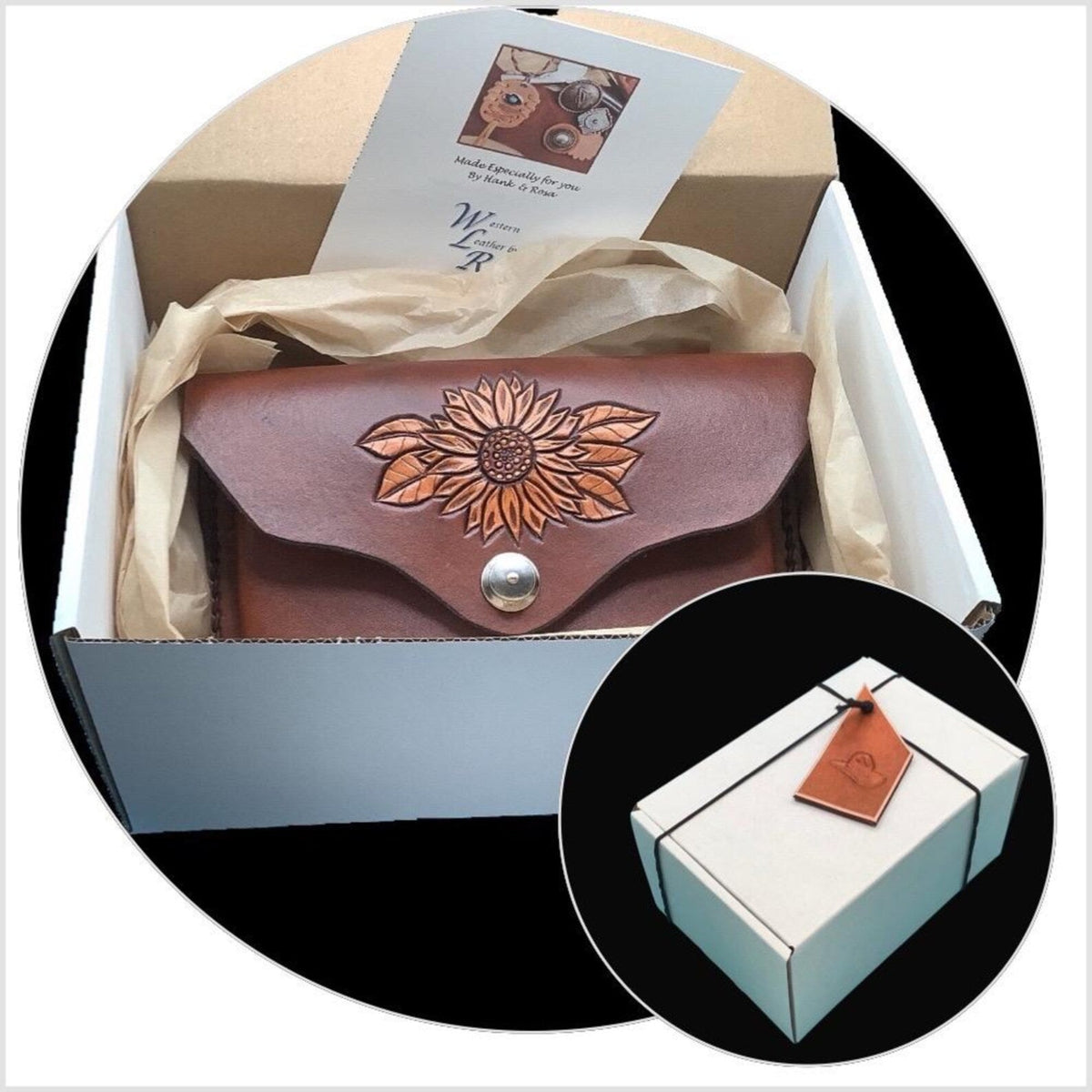 Pommel Bag for Western Saddle - Hand Tooled Sunflower - Mahogany