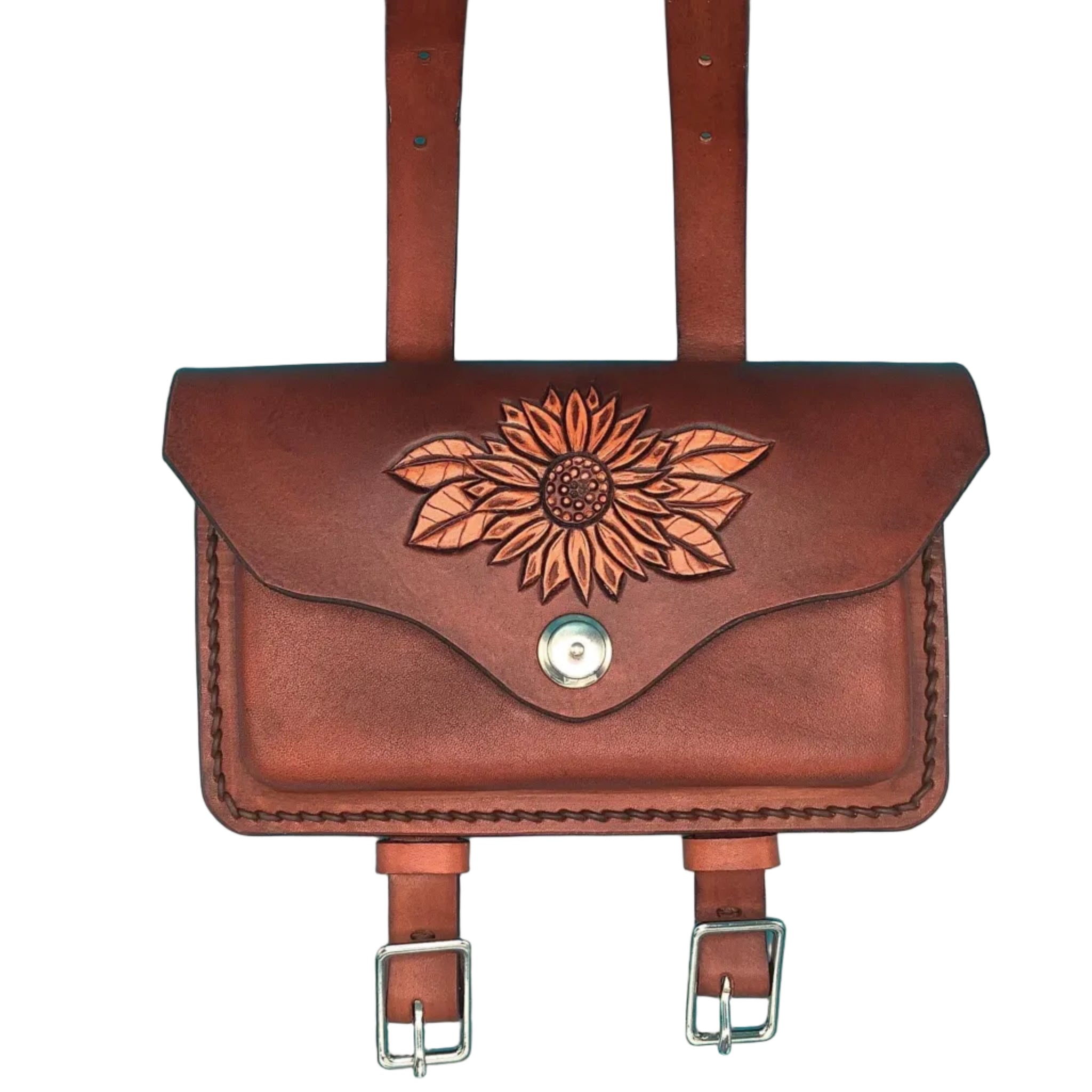 Pommel Bag for Western Saddle - Hand Tooled Sunflower - Mahogany