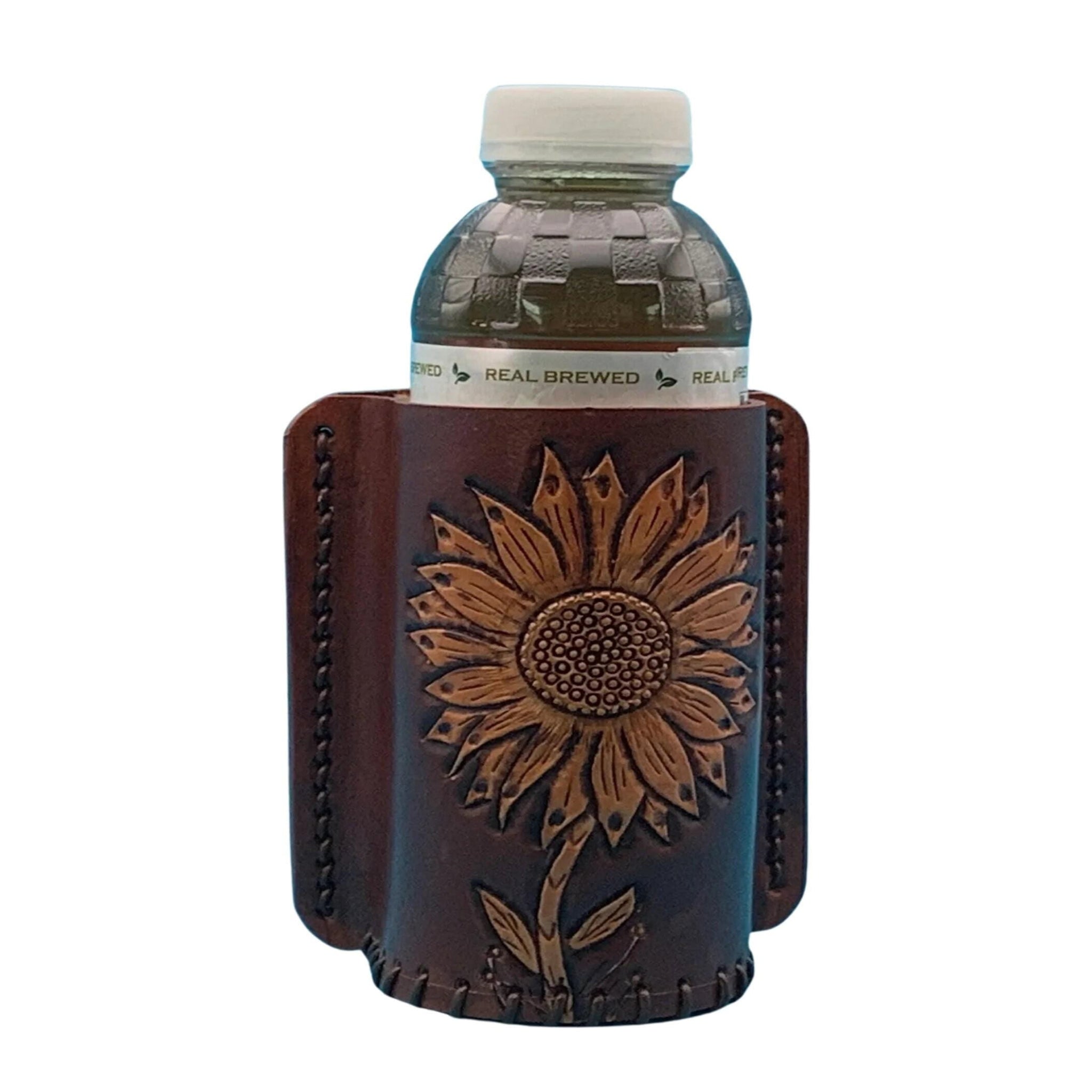 Mahogany leather bottle holder for a saddle billet with hand tooled sunflower.
