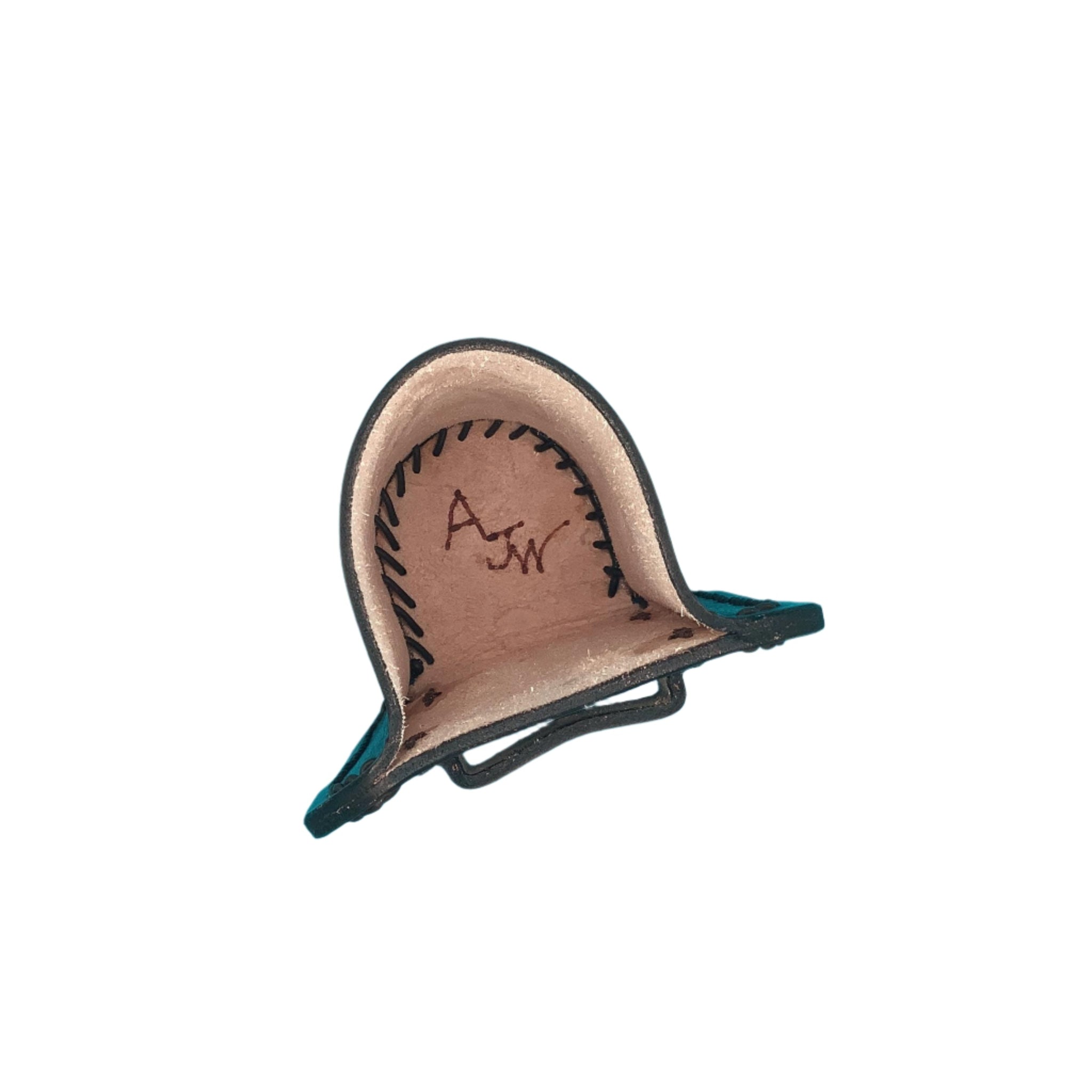 Leather Phone Holder and Bottle Holder for Saddle Billet Strap with Hand Tooled Feathers in Dark Brown