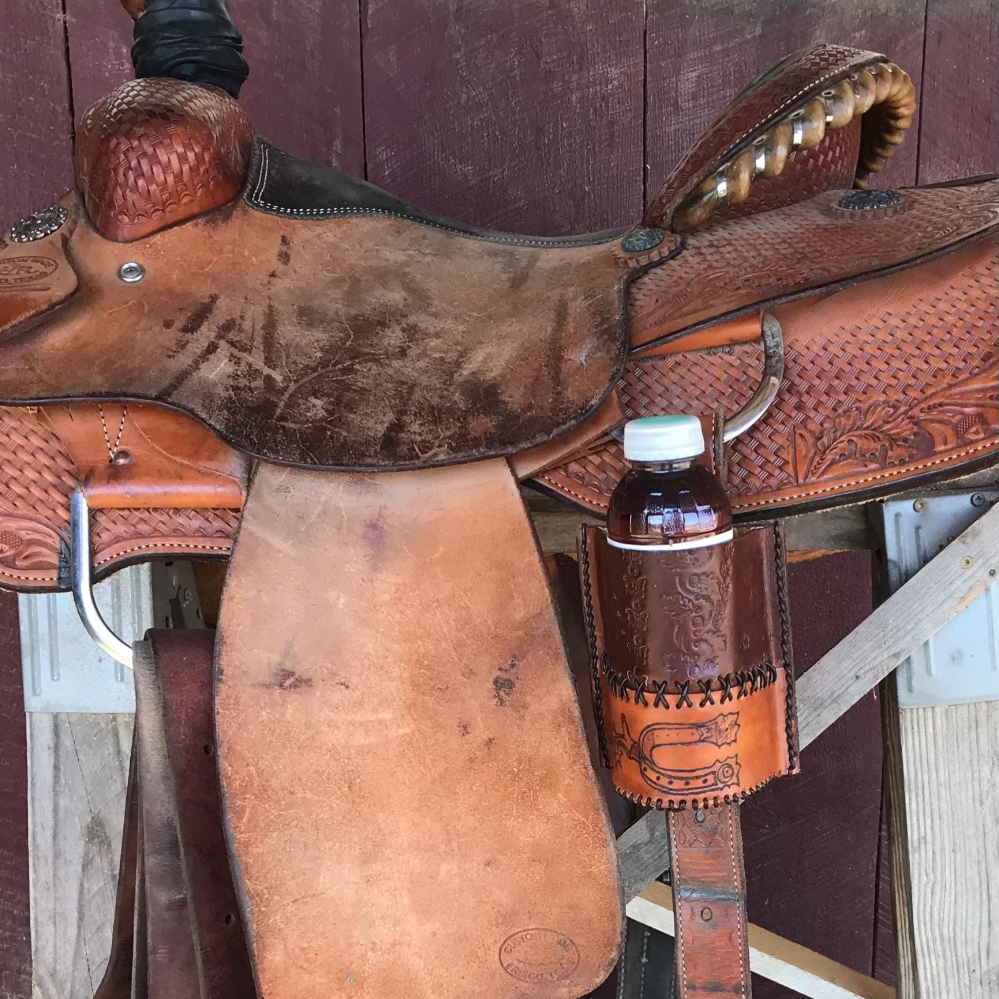 Leather Phone Holder and Bottle Holder for Saddle Billet Strap with Hand Tooled Feathers in Dark Brown