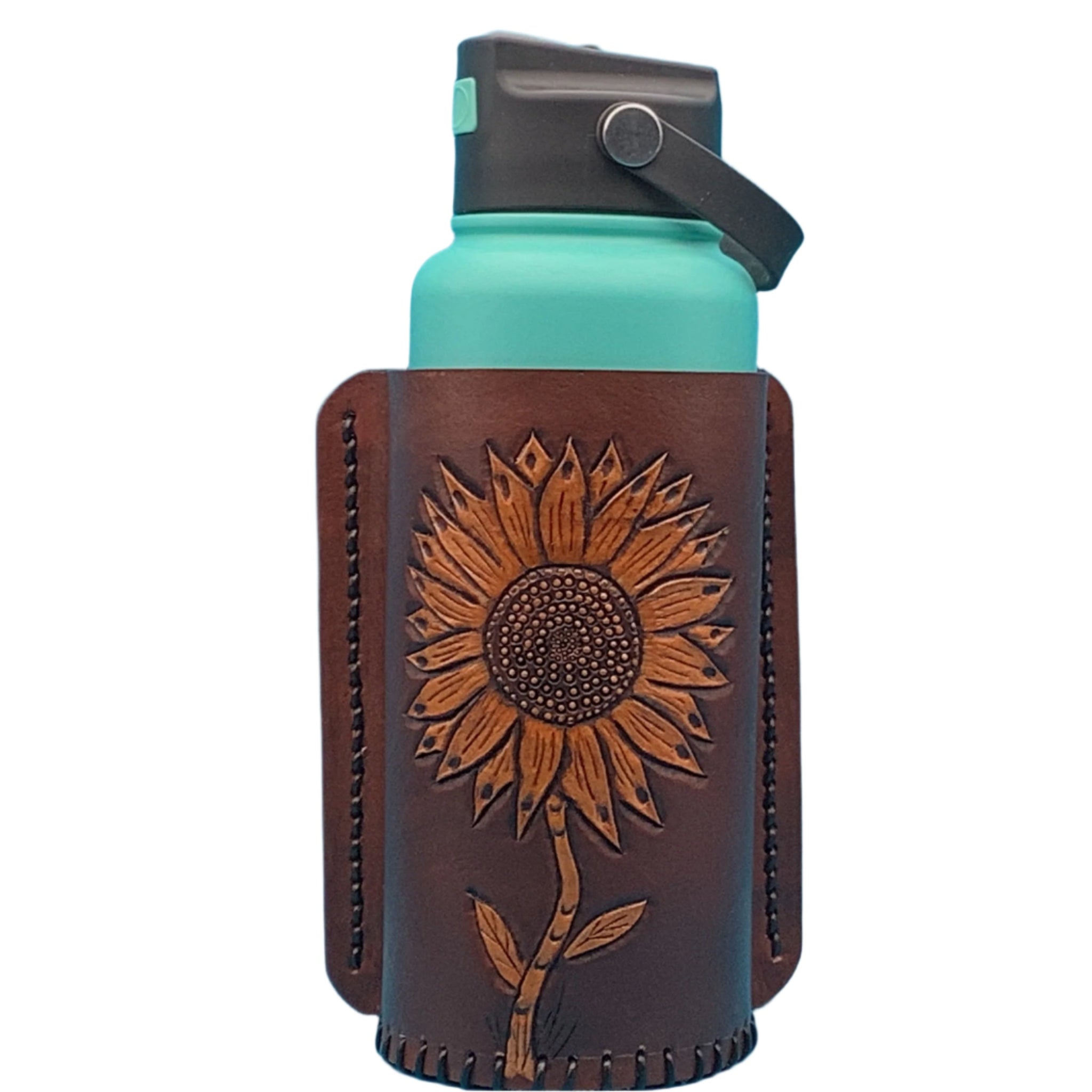 A large bottle holder for saddle billet strap with hand tooled sunflower.