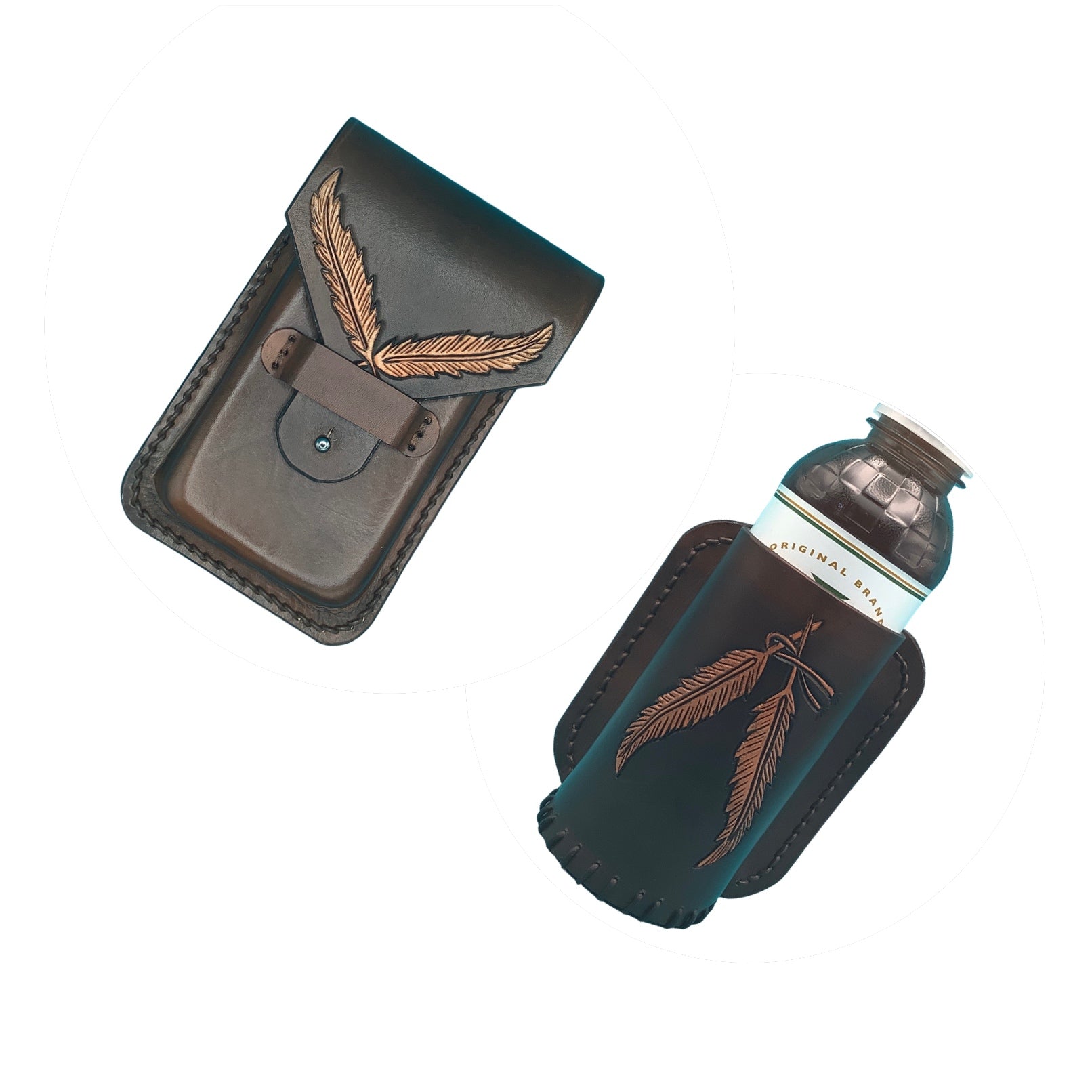 Matching phone and drink holder for saddle billet with hand tooled feathers on dark brown leather.