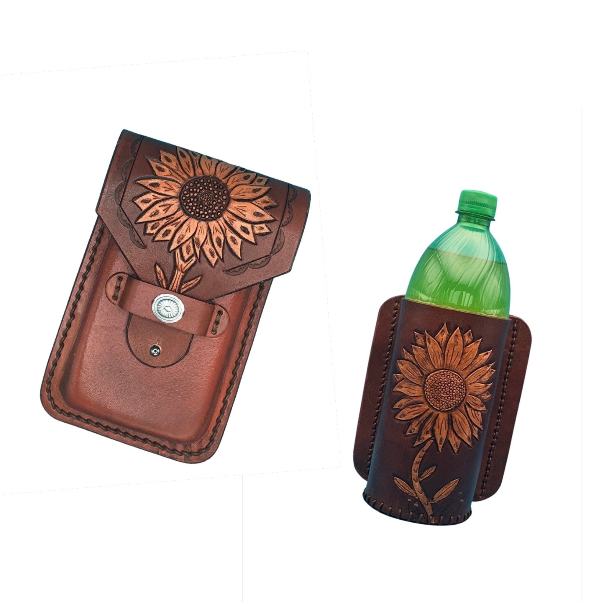Leather phone holder with a 16 oz bottle holder with hand tooled sunflowers on them.