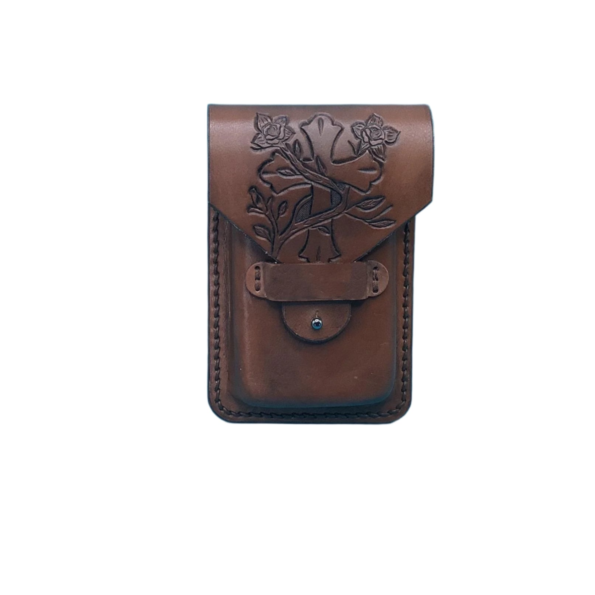 Medium brown leather phone case with hand-tooled cross and vine