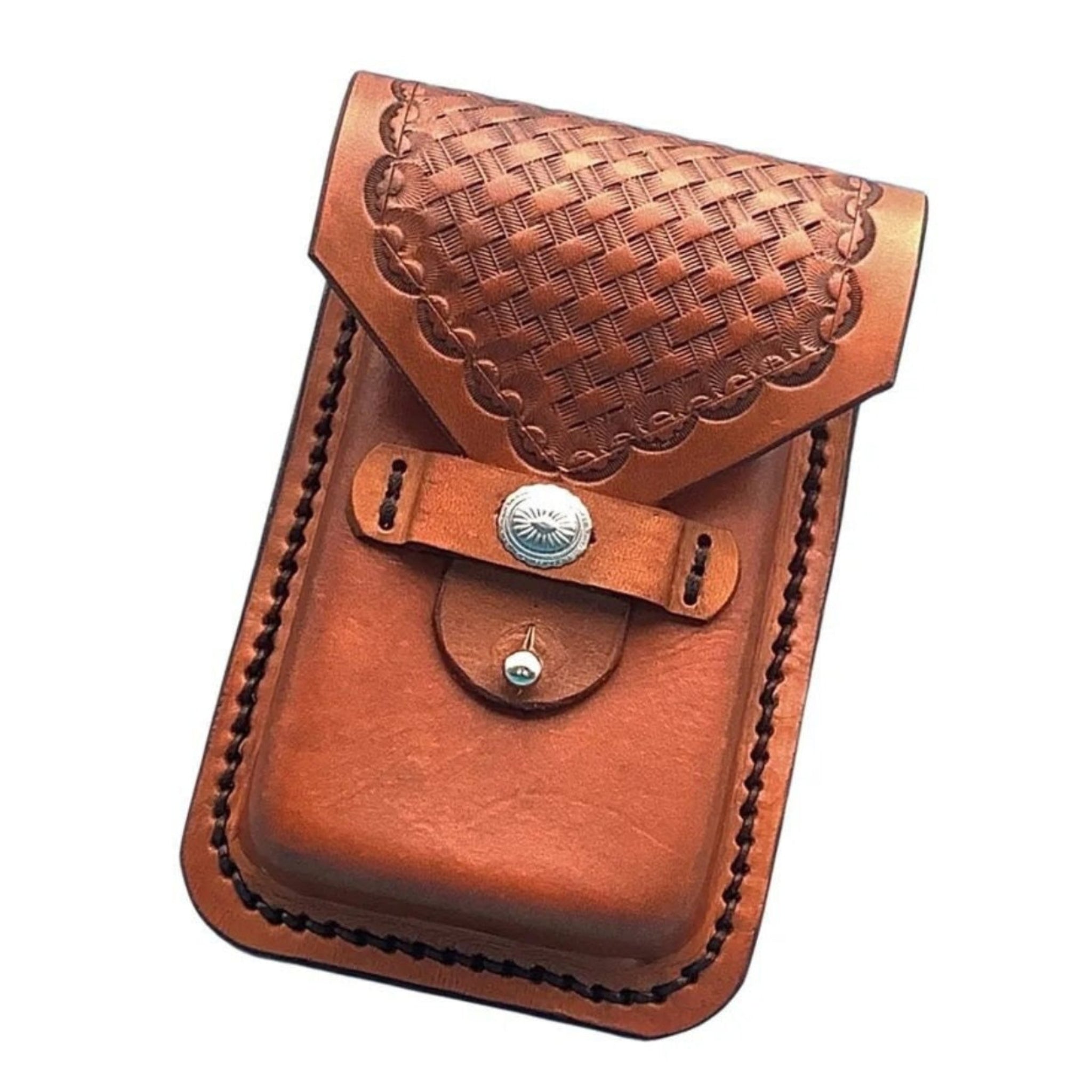 A saddle tan basketweave leather phone holder for saddle billet strap.