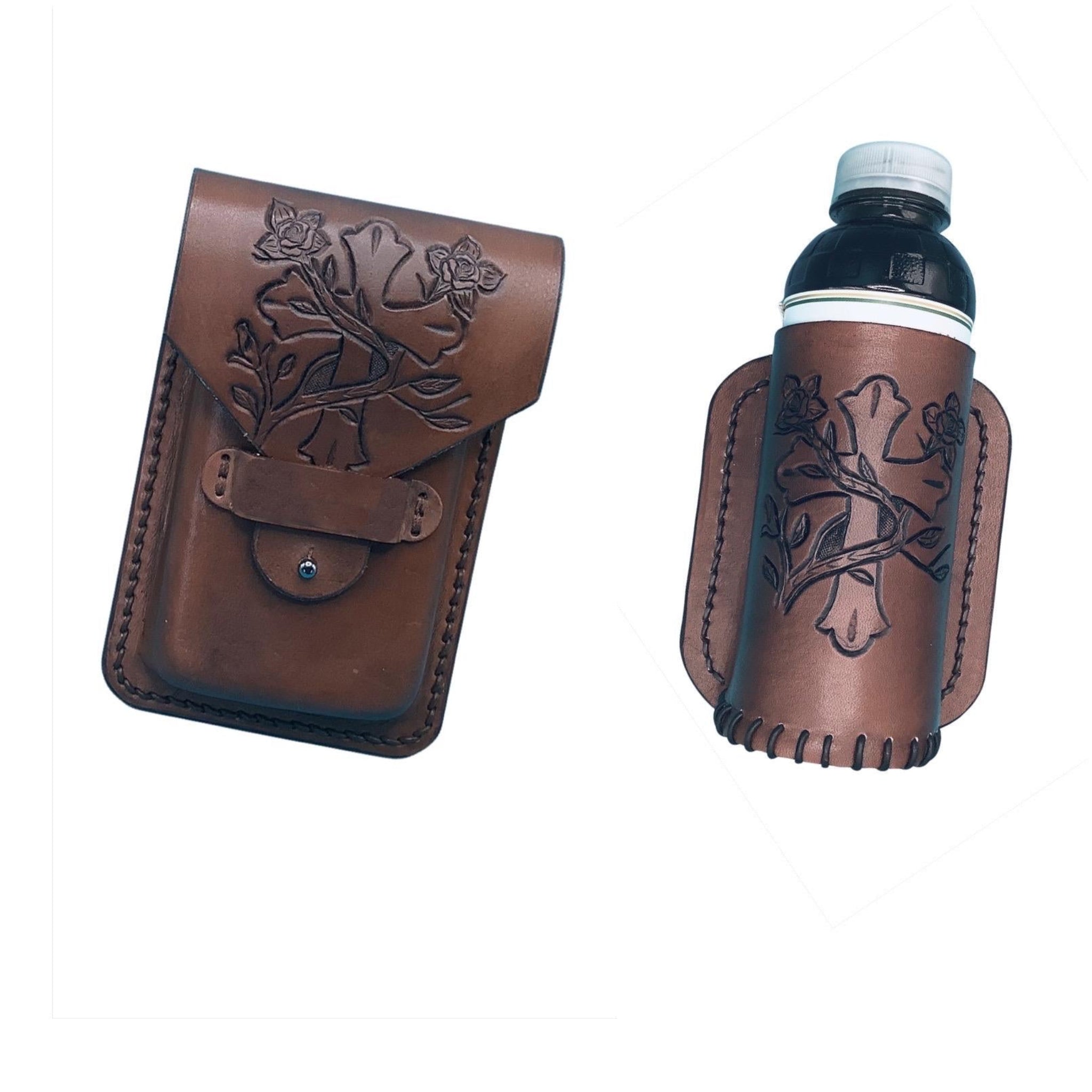 A medium brown leather phone holder and drink holder for saddle billet with hand tooled cross and vine pattern.