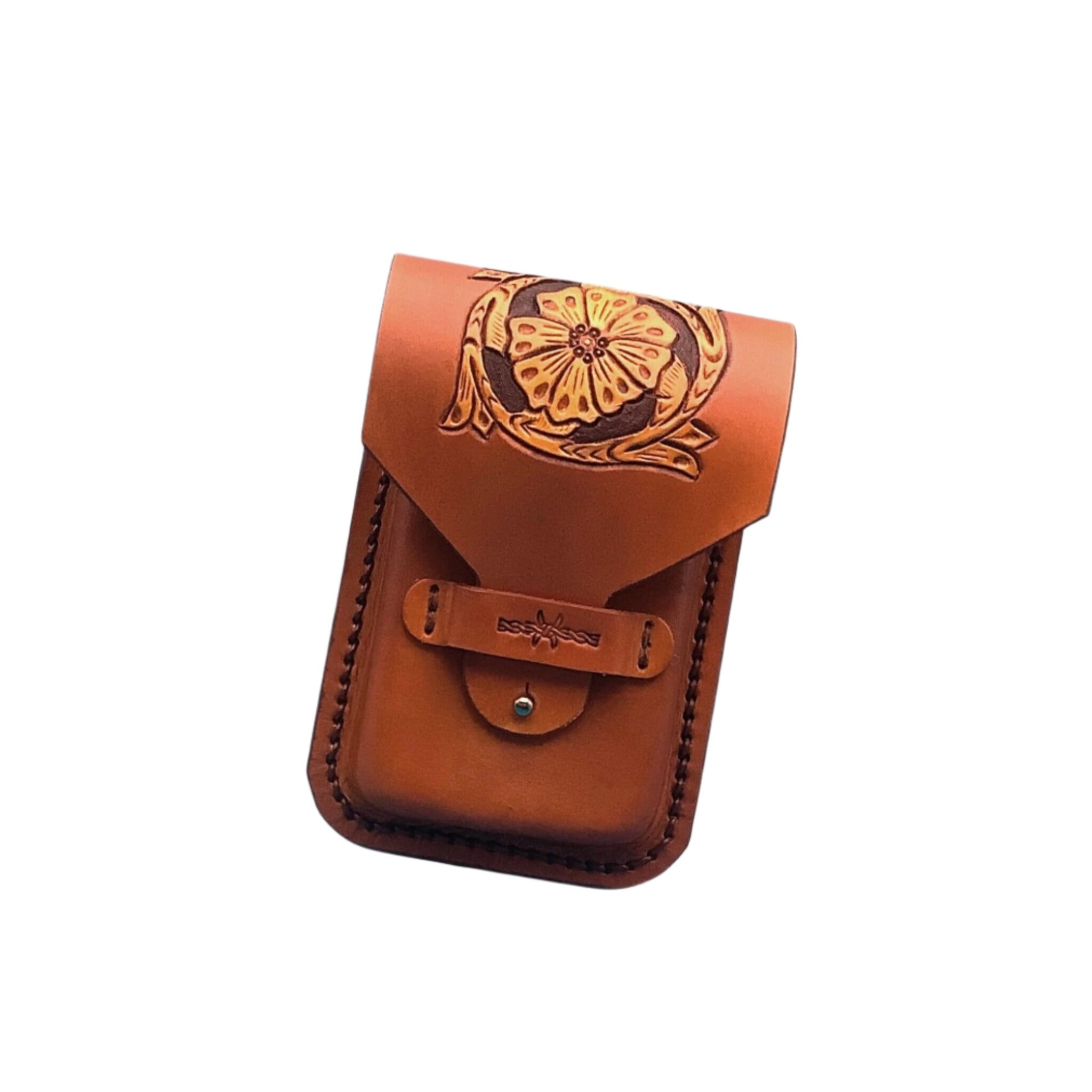 Saddle tan leather phone holder for saddle billet with hand tooled saddle flower.  