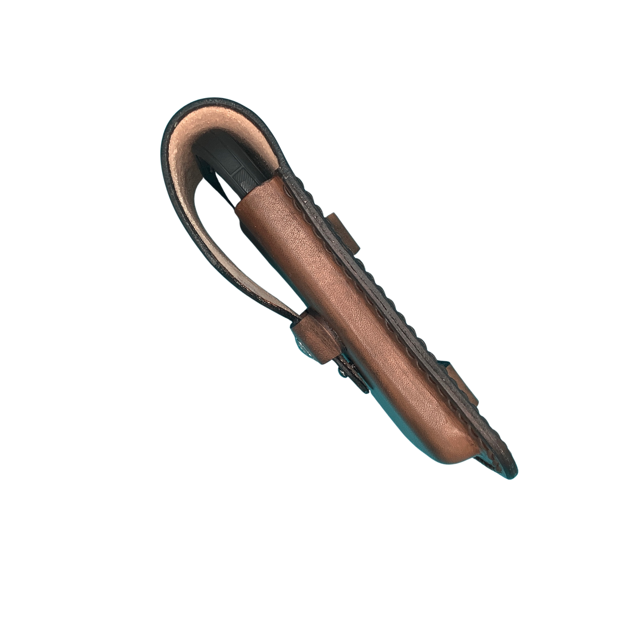 A side view of a hand tooled leather phone holder for a saddle rear cinch.