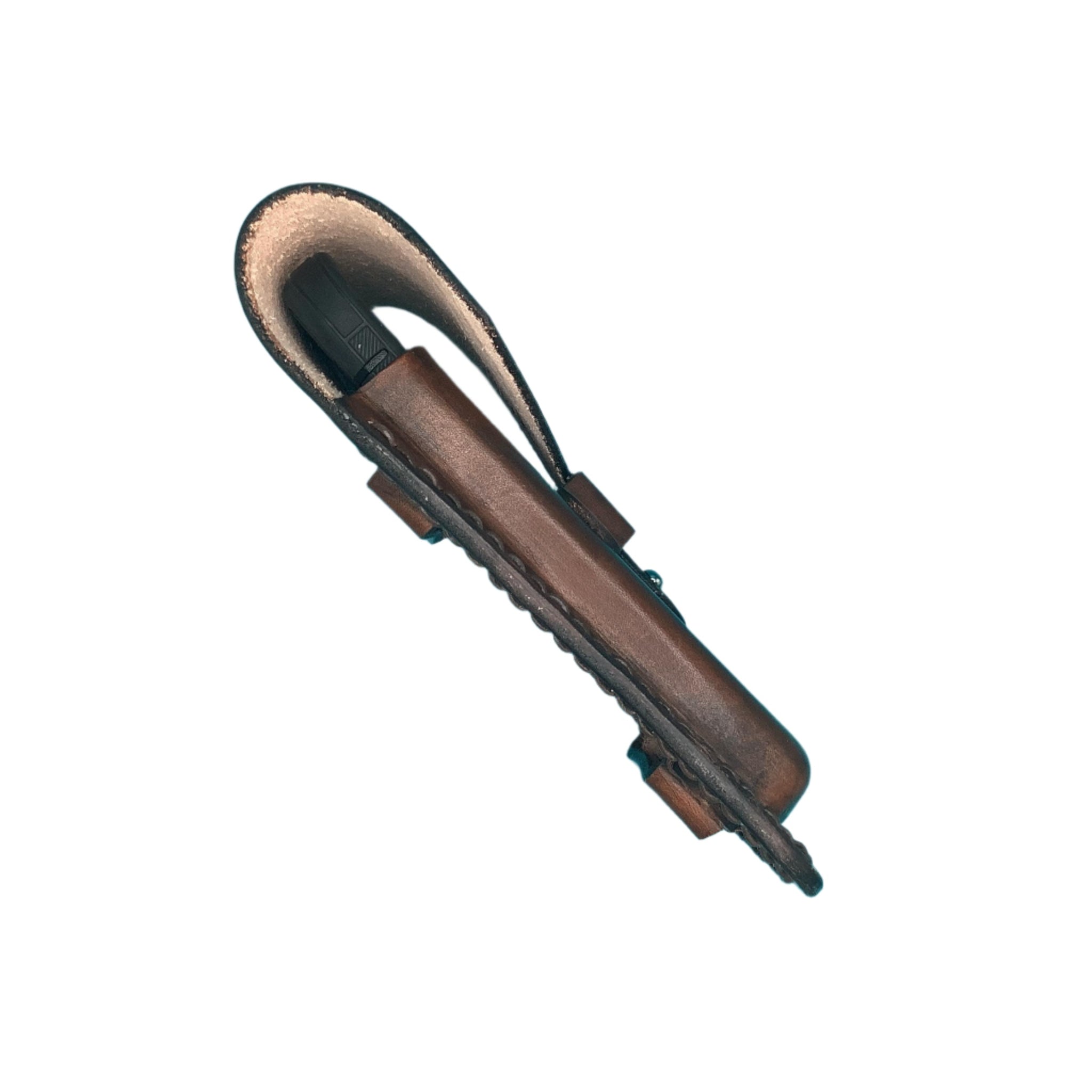 A side view of a dark brown leather saddle phone holder.