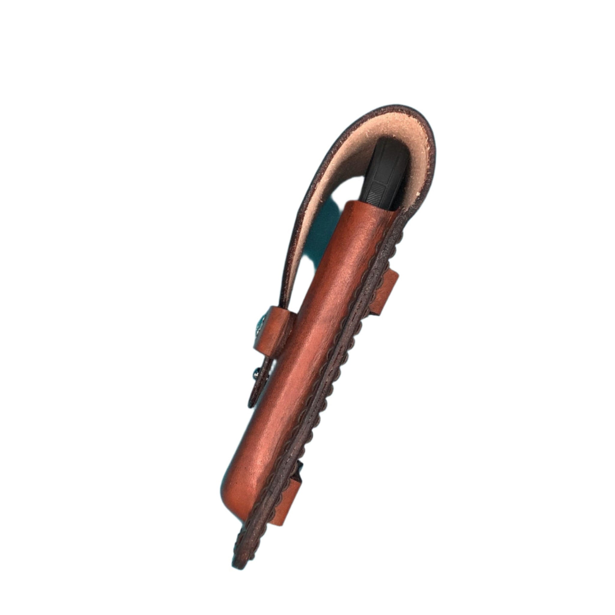 Side view of a leather saddle phone holder.