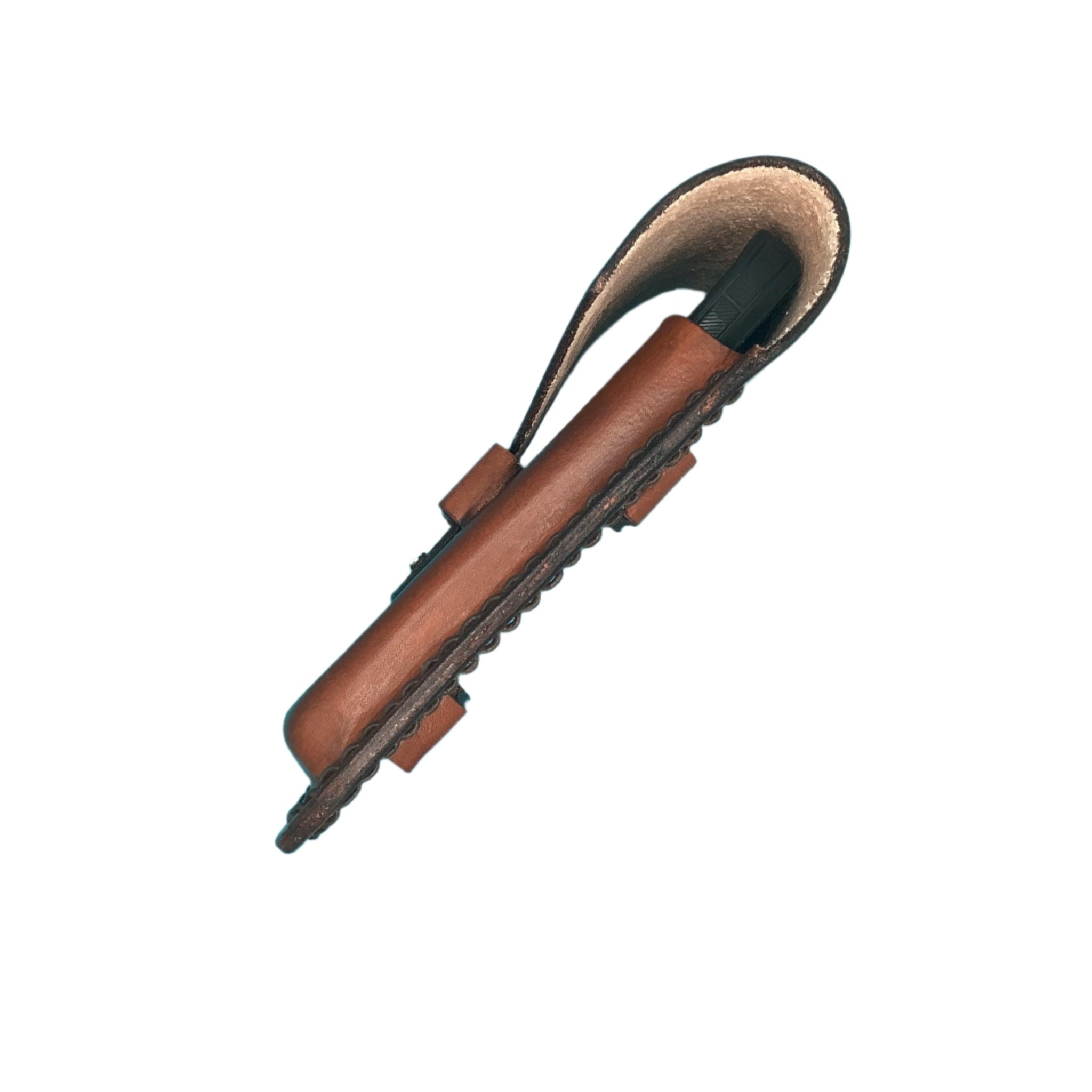 Side view of a light brown leather  phone holder for saddle billet strap