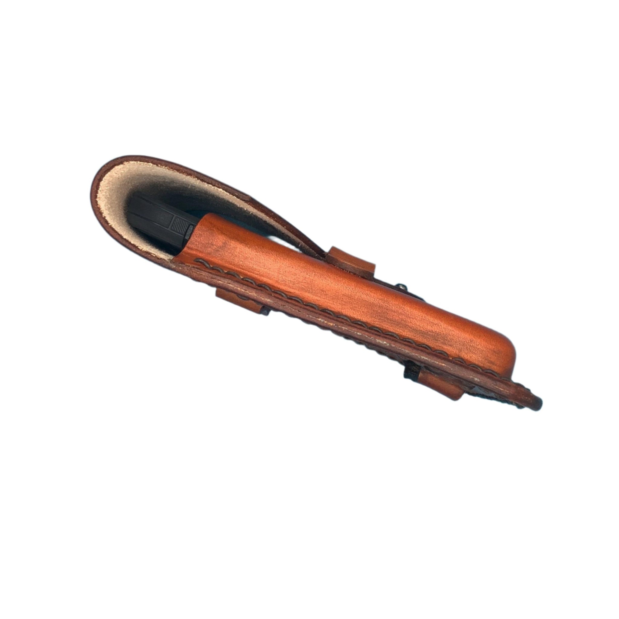 Side view of a leather phone holder for saddle rear cinch.