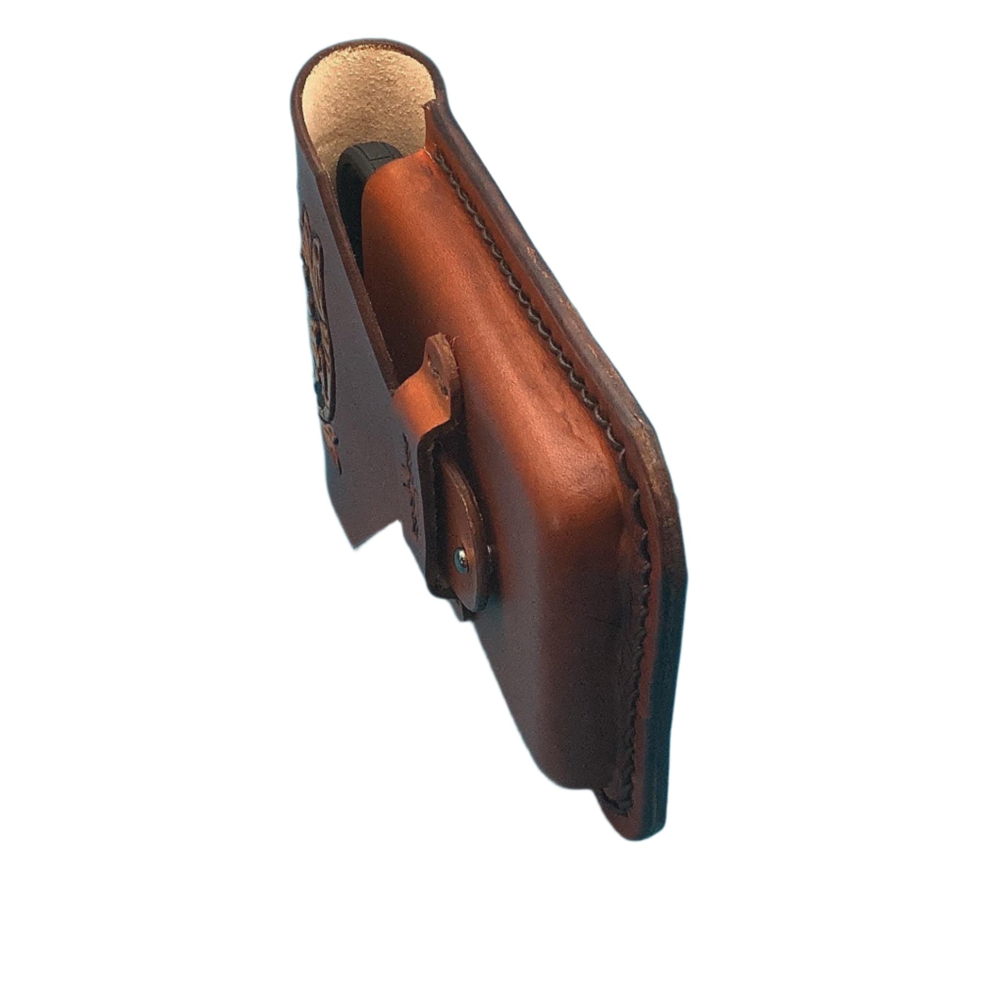 Side view of a leather phone holder for saddle billet with hand tooled saddle flower.  