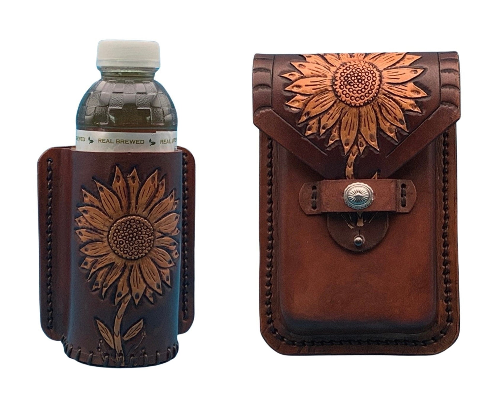 Matching saddle phone and bottle holders with hand tooled sunflower.