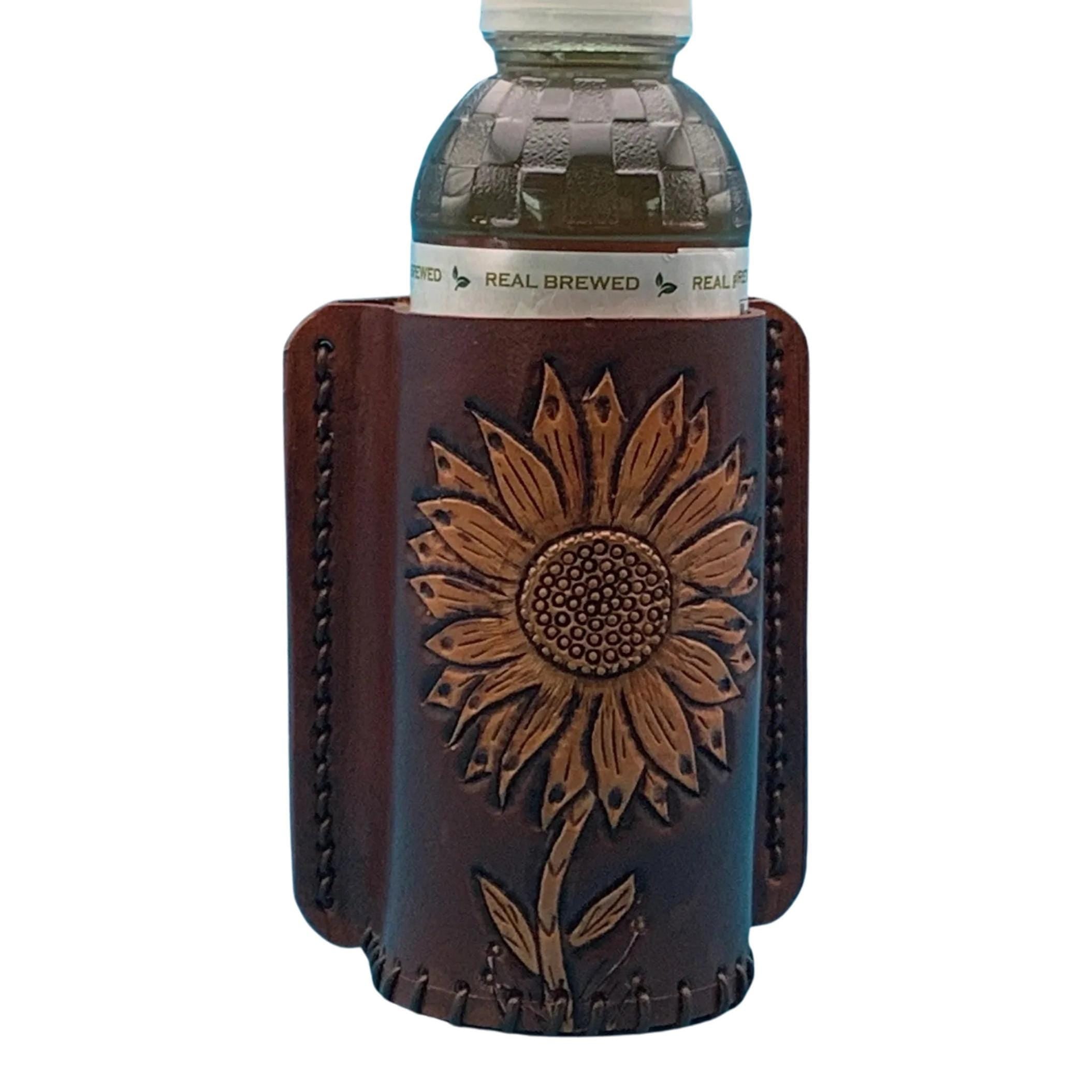 Mahogany leather bottle holder for a saddle billet with hand tooled sunflower.
