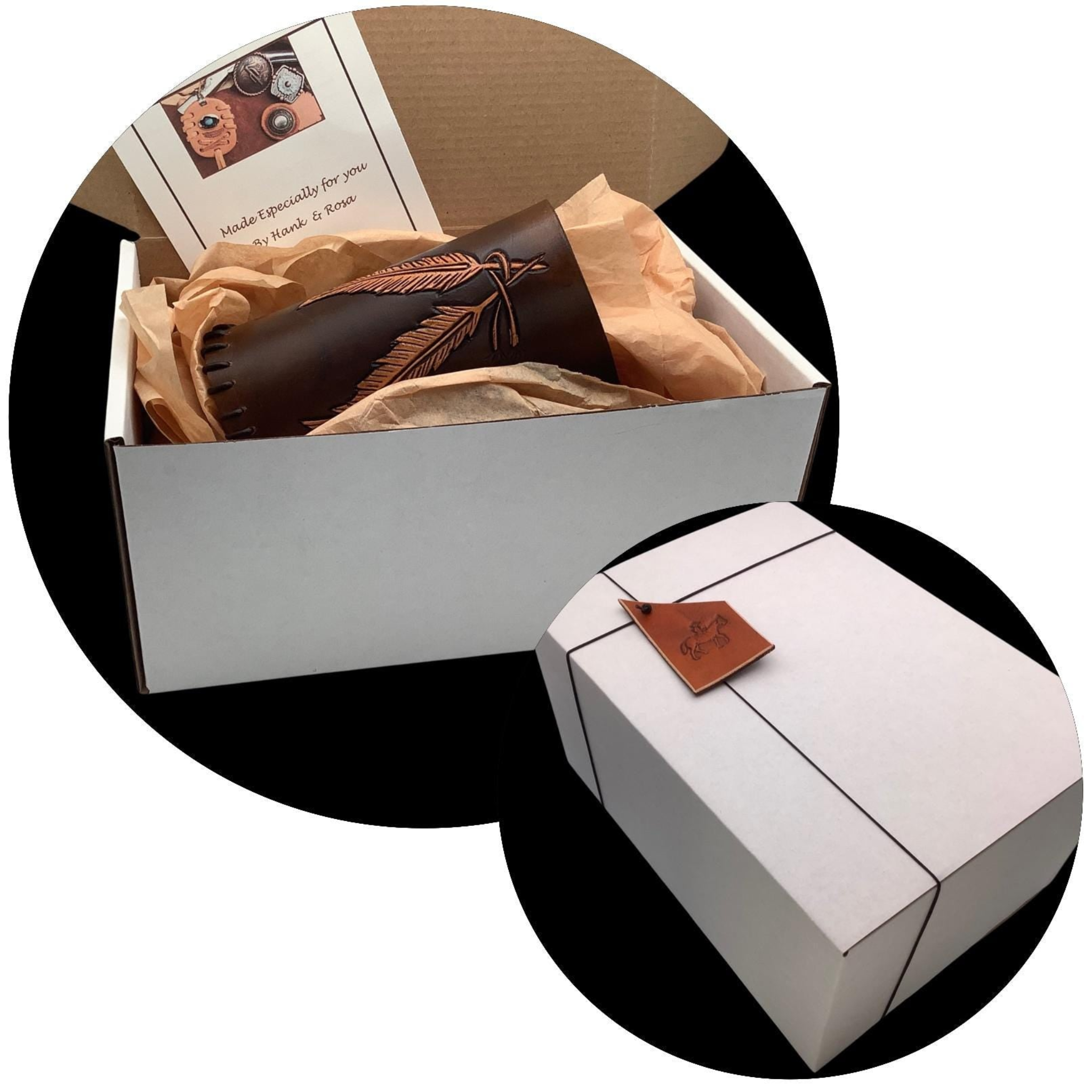 Dark brown saddle bottle holder in a gift box.