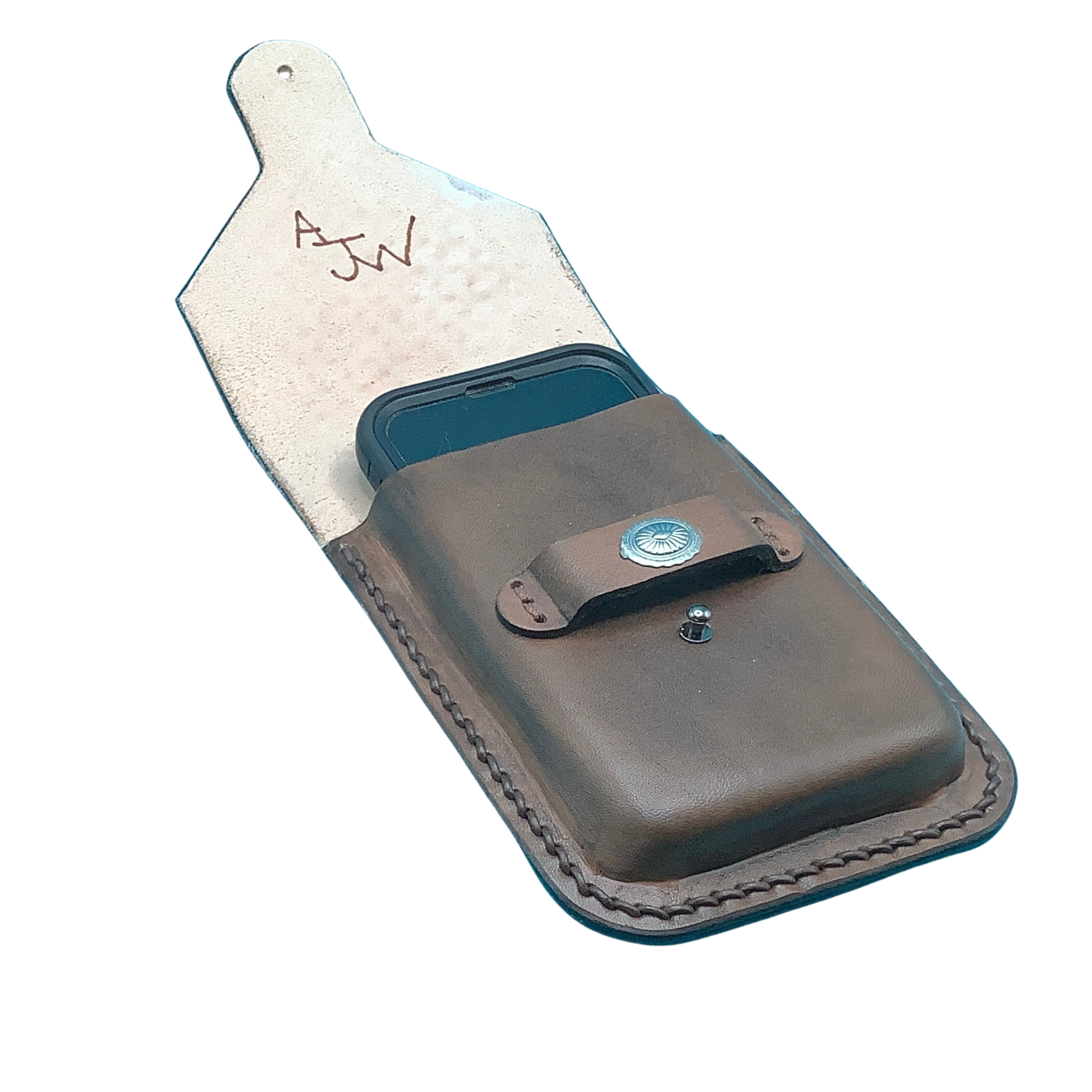 A hand tooled leather dark brown basketweave phone holder for a saddle billet  showing the makers mark on the inside flap.