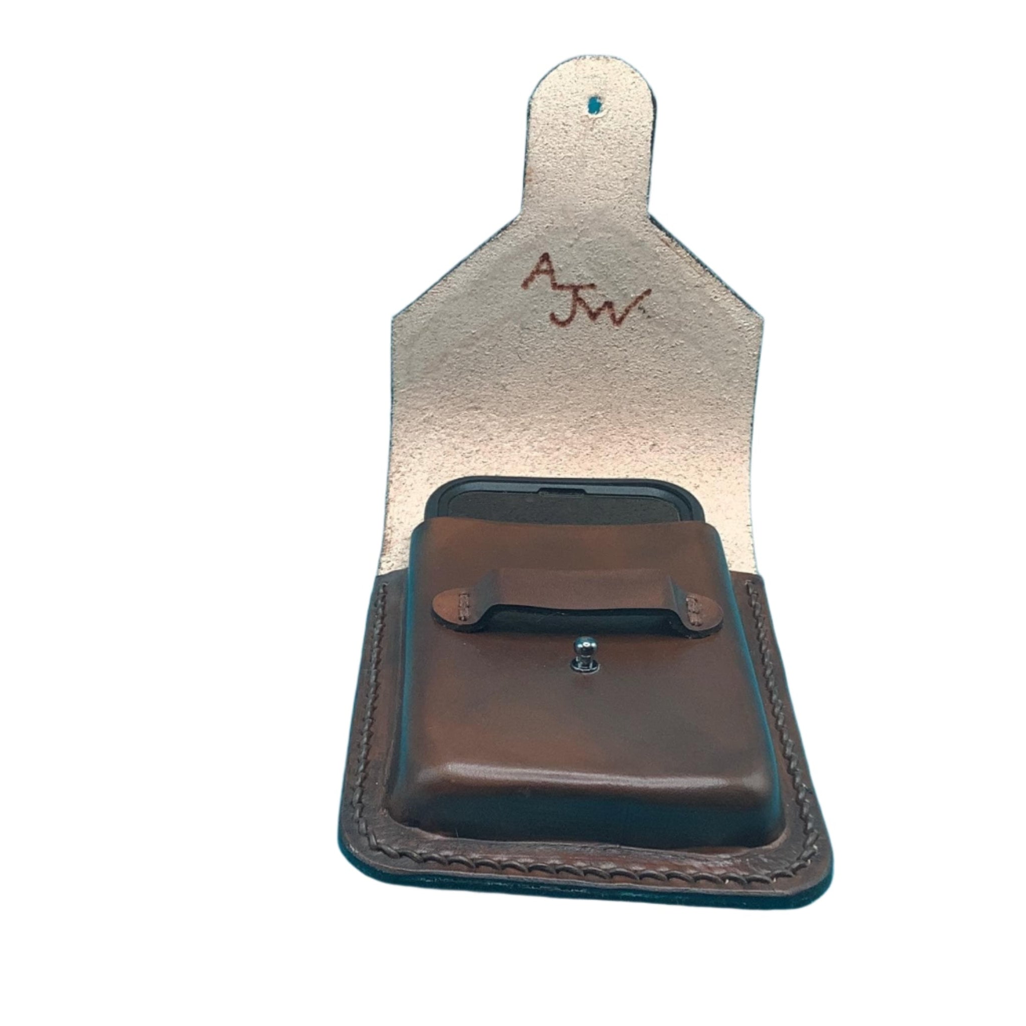 A dark brown saddle phone holder shown open with a phone in it.