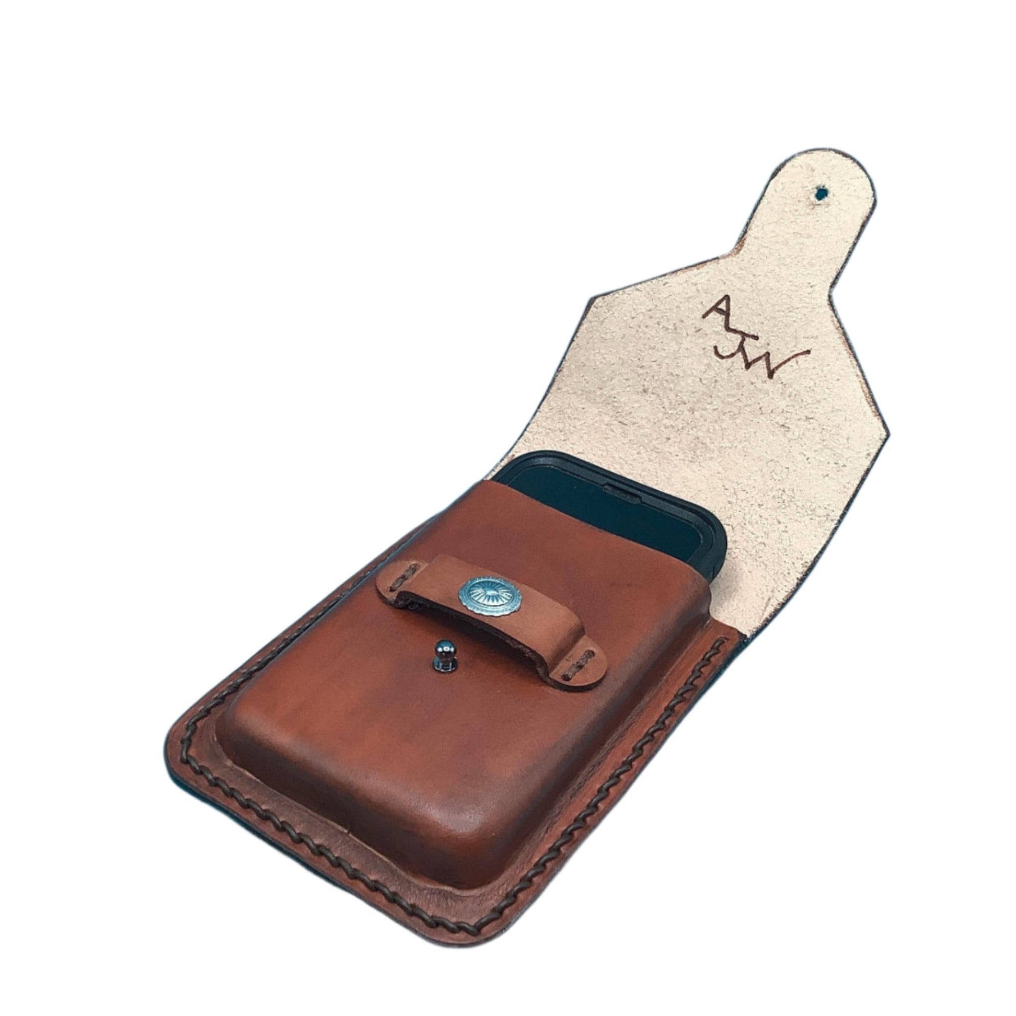 An open mahogany leather phone holder for a saddle billet strap shown with a phone in it.