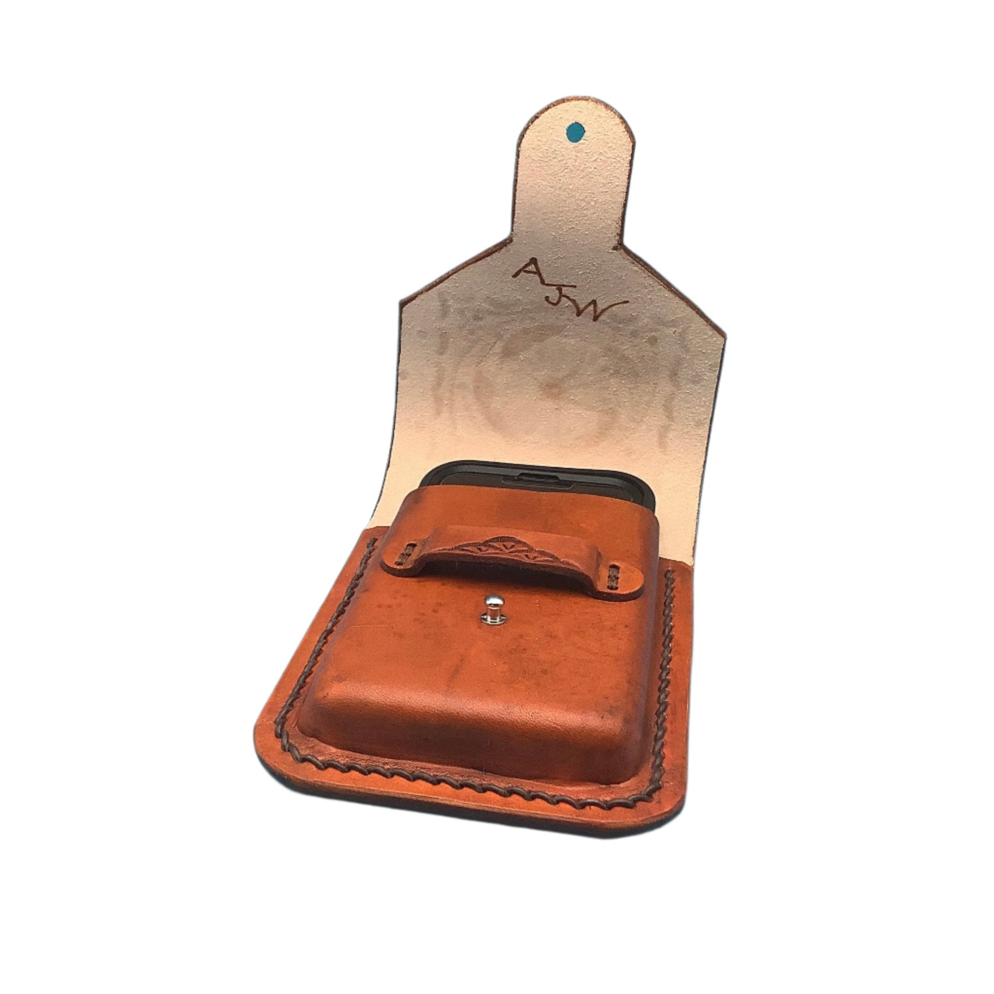 An open phone holder showing the makers mark.